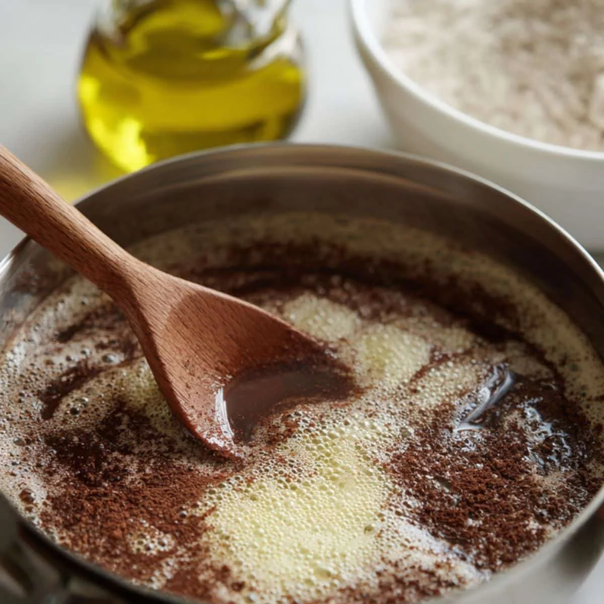 Mixing cocoa, butter, and water for Texas sheet cake batter.	