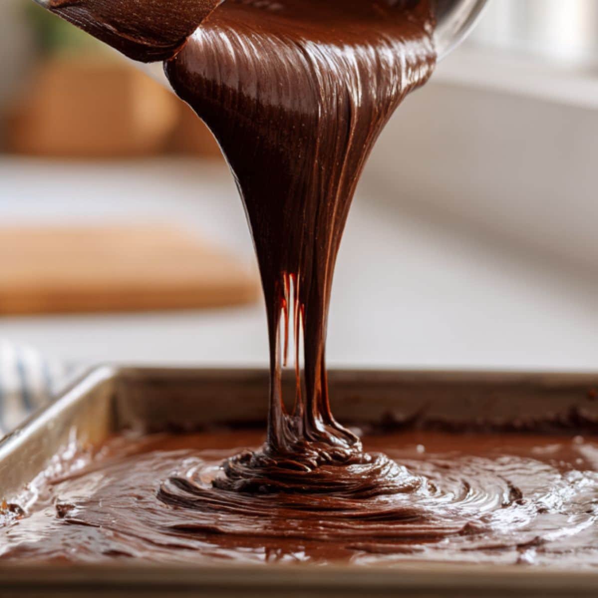 Pouring Texas sheet cake batter into large sheet pan.	