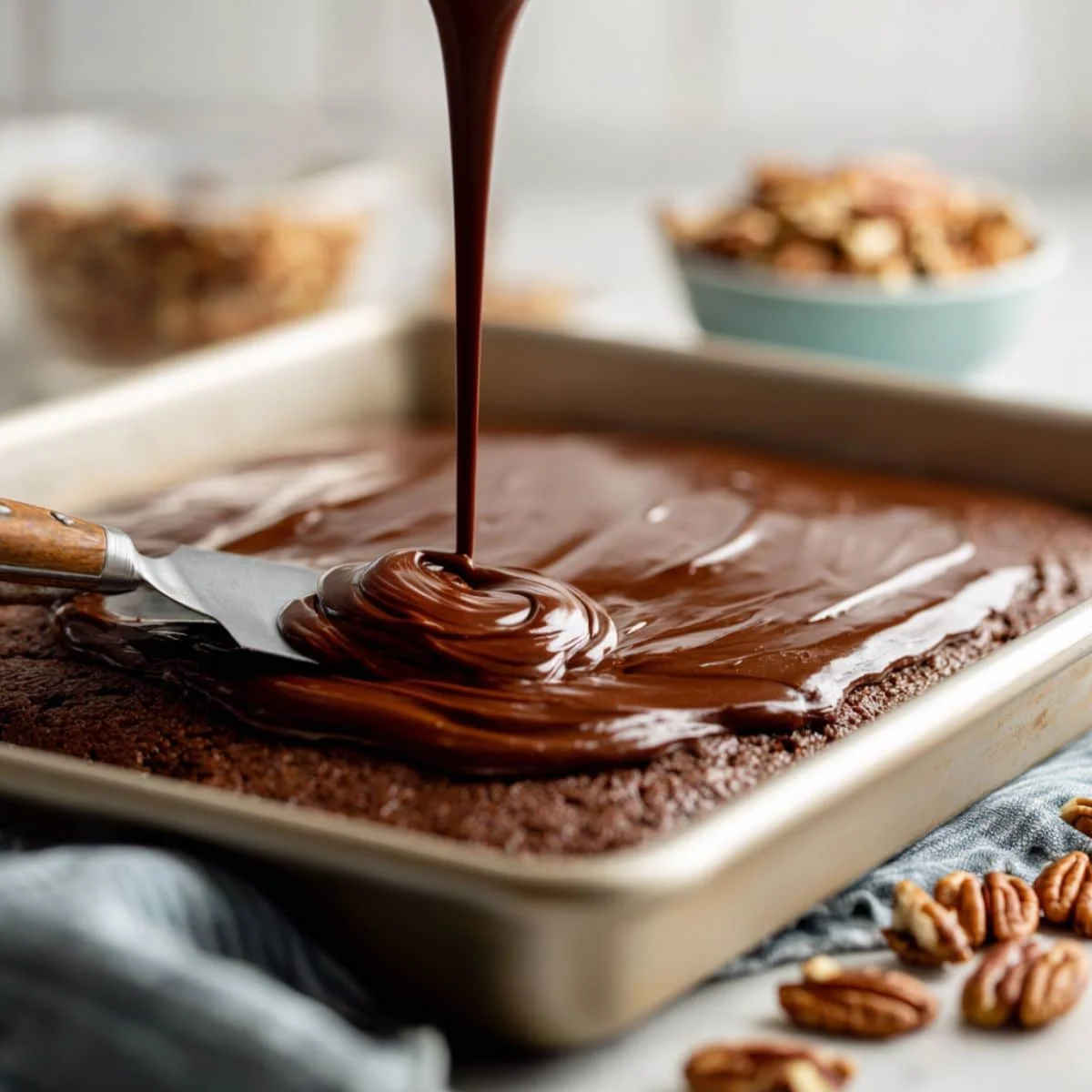 Pouring hot chocolate frosting over freshly baked Texas sheet cake.	