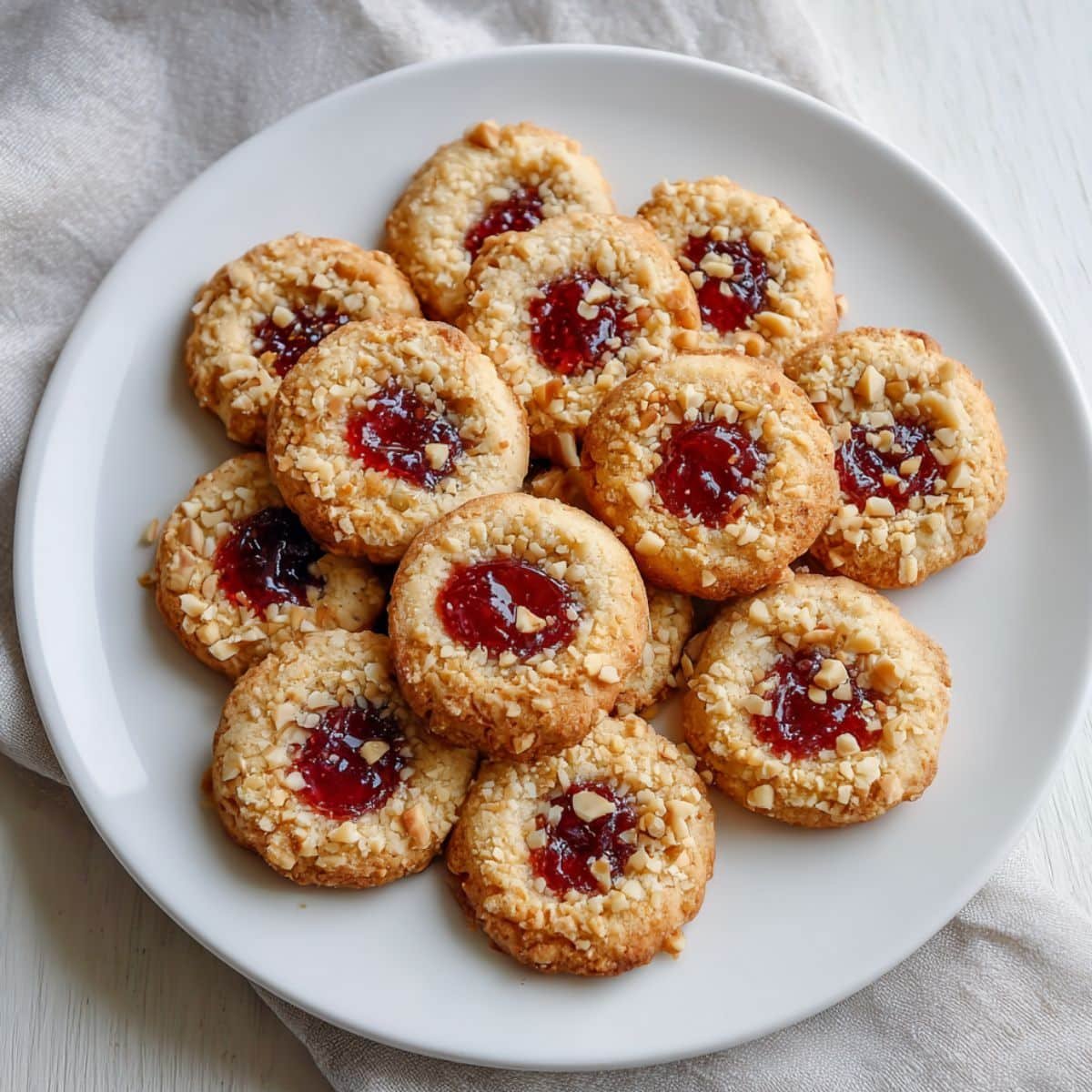 A plate of homemade thumbprint cookies filled with raspberry jam, rolled in chopped nuts, on a white kitchen table.