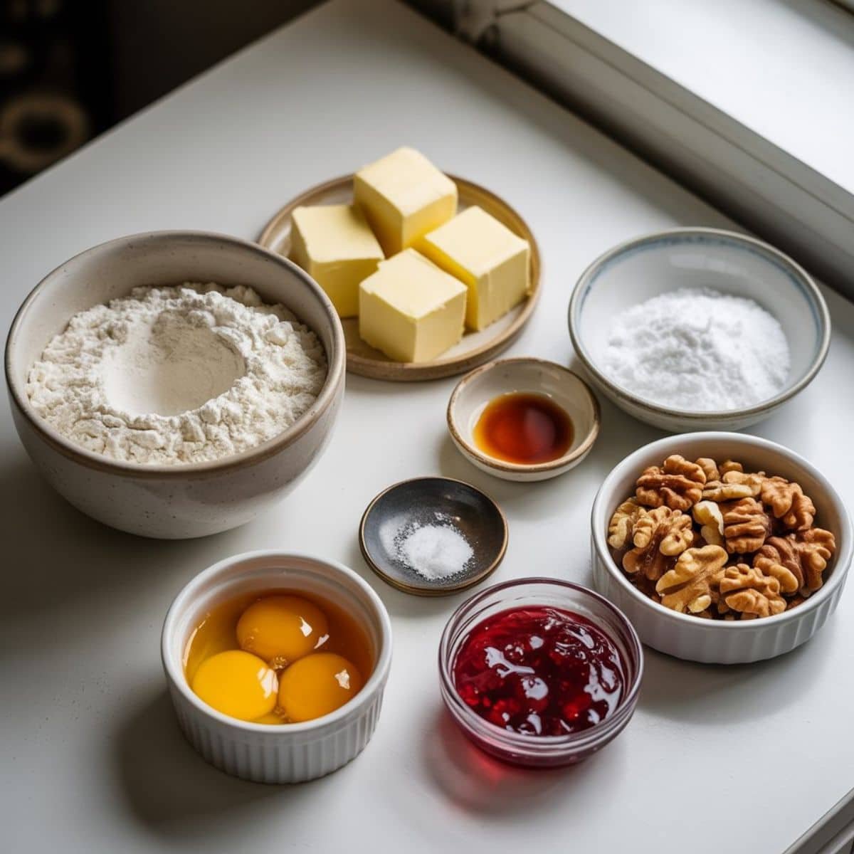 All the ingredients for thumbprint cookies recipe laid out on a white kitchen table: flour, butter, powdered sugar, vanilla, egg yolks, salt, raspberry jam, and chopped nuts.