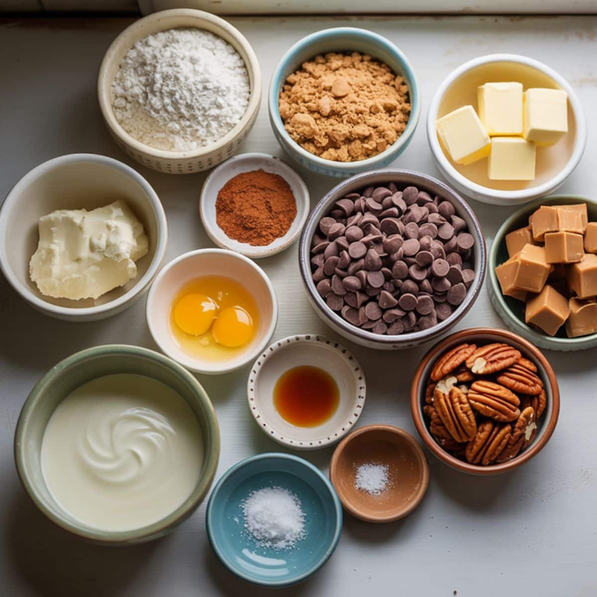 Alt text: Turtle cookie ingredients laid out on a kitchen counter in bowls.