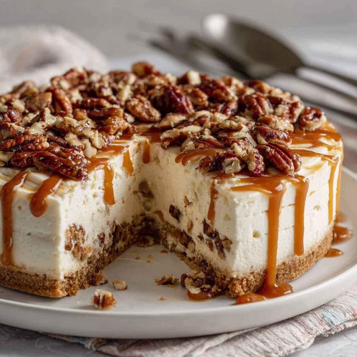 No bake turtle cheesecake with chocolate swirl top