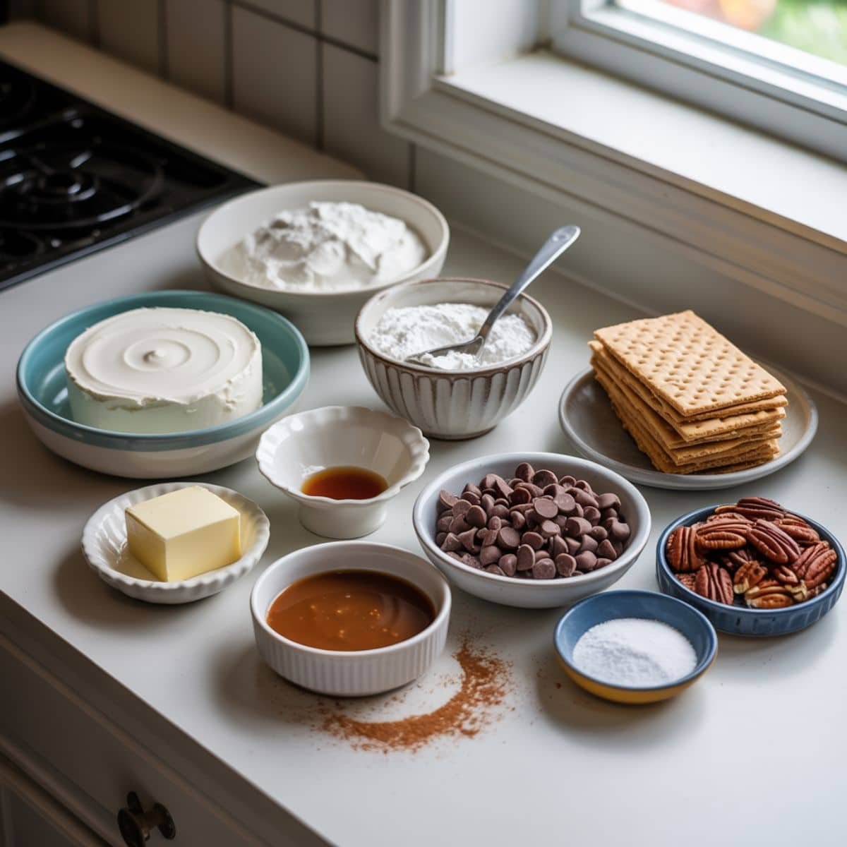 All ingredients laid out for no bake turtle cheesecake