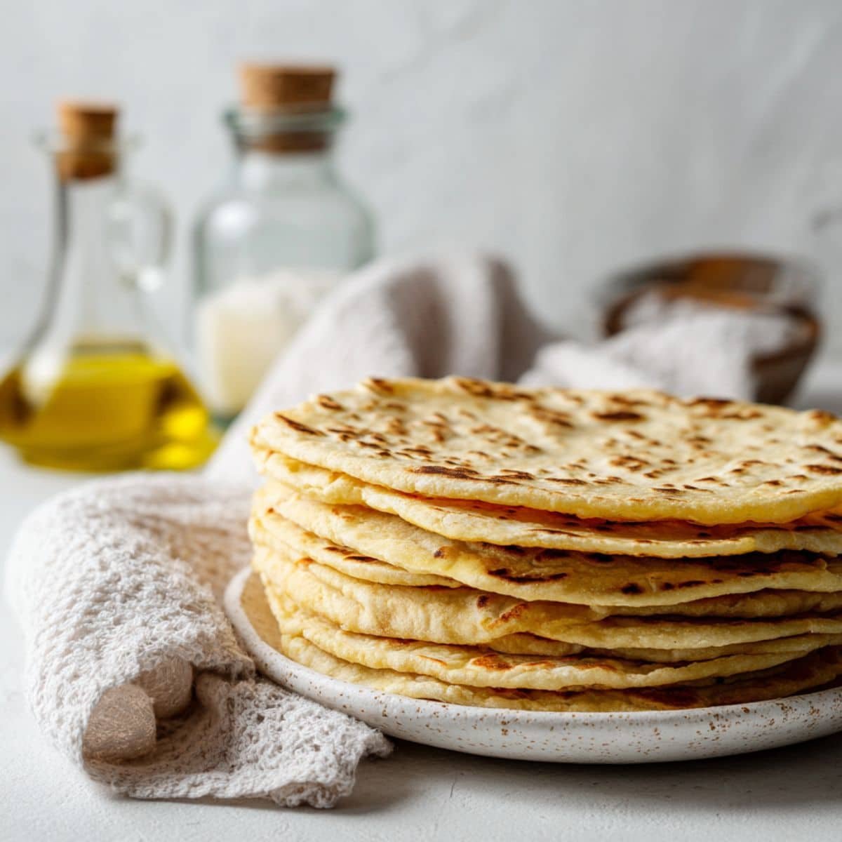Stack of homemade unleavened bread recipe on white counter in bright kitchen