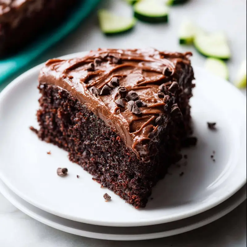 Moist zucchini chocolate cake with rich chocolate frosting on a white kitchen counter