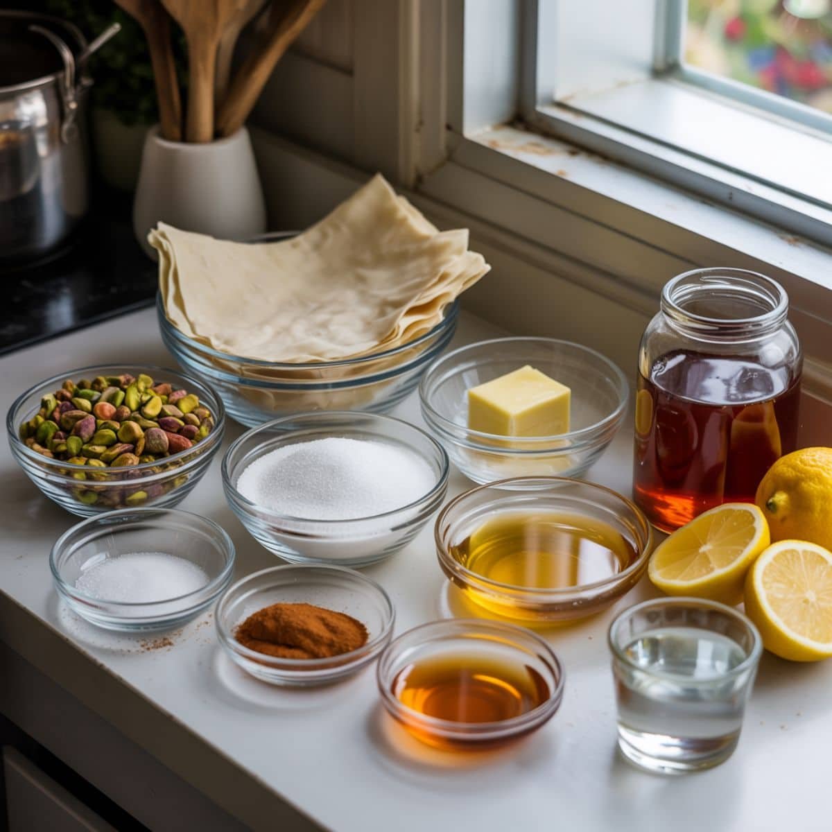 Top-down view of pistachio baklava ingredients laid out on a white kitchen table, including pistachios, phyllo dough, butter, sugar, honey, lemon, cinnamon, orange blossom water, and salt.