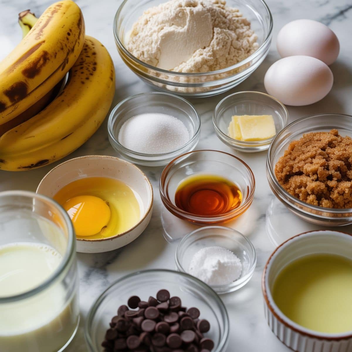Flat lay of all ingredients for homemade banana chocolate chip muffins on a white kitchen table, photographed from above.