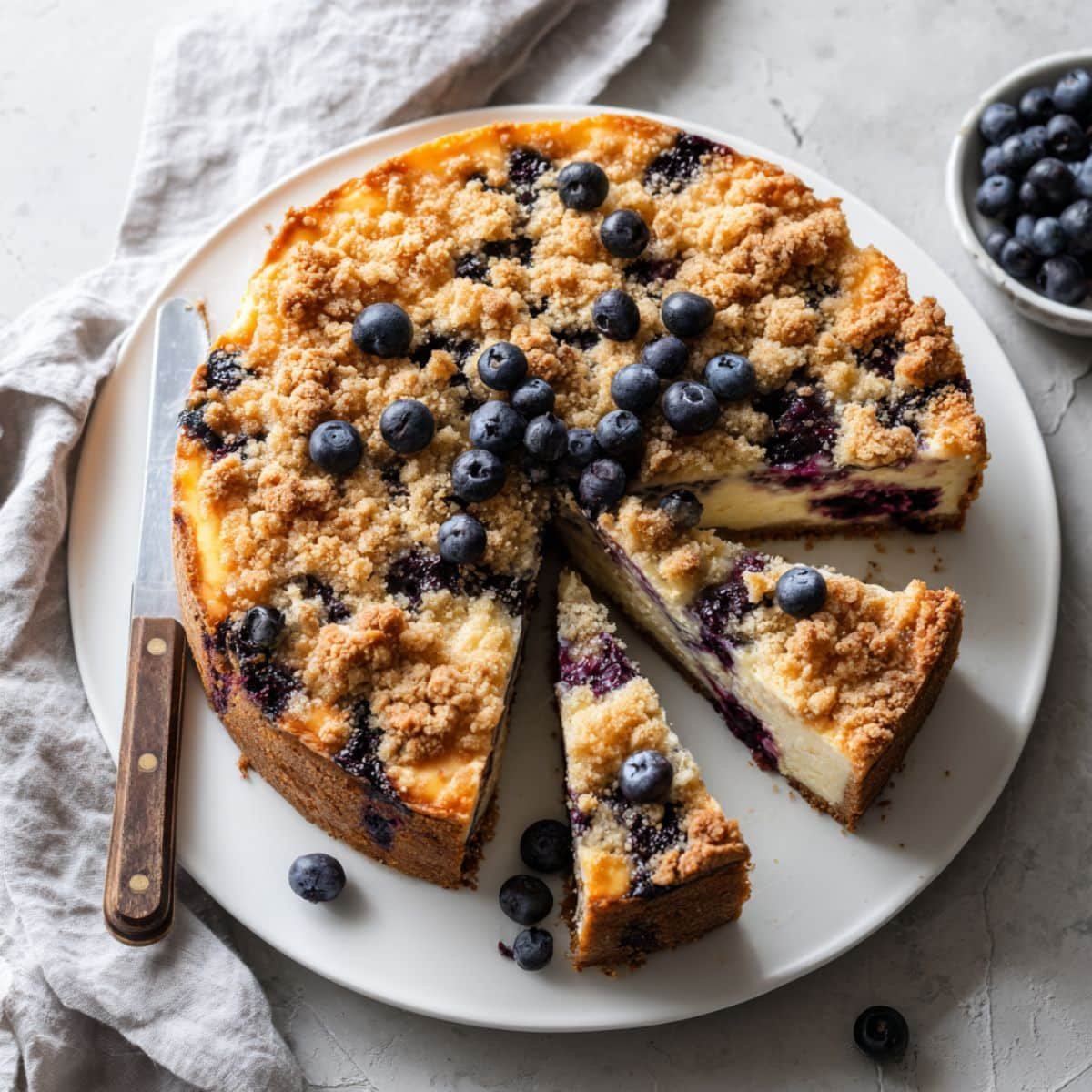 Homemade blueberry crumble cheesecake with golden topping and fresh blueberries, shot from above on a white kitchen table.