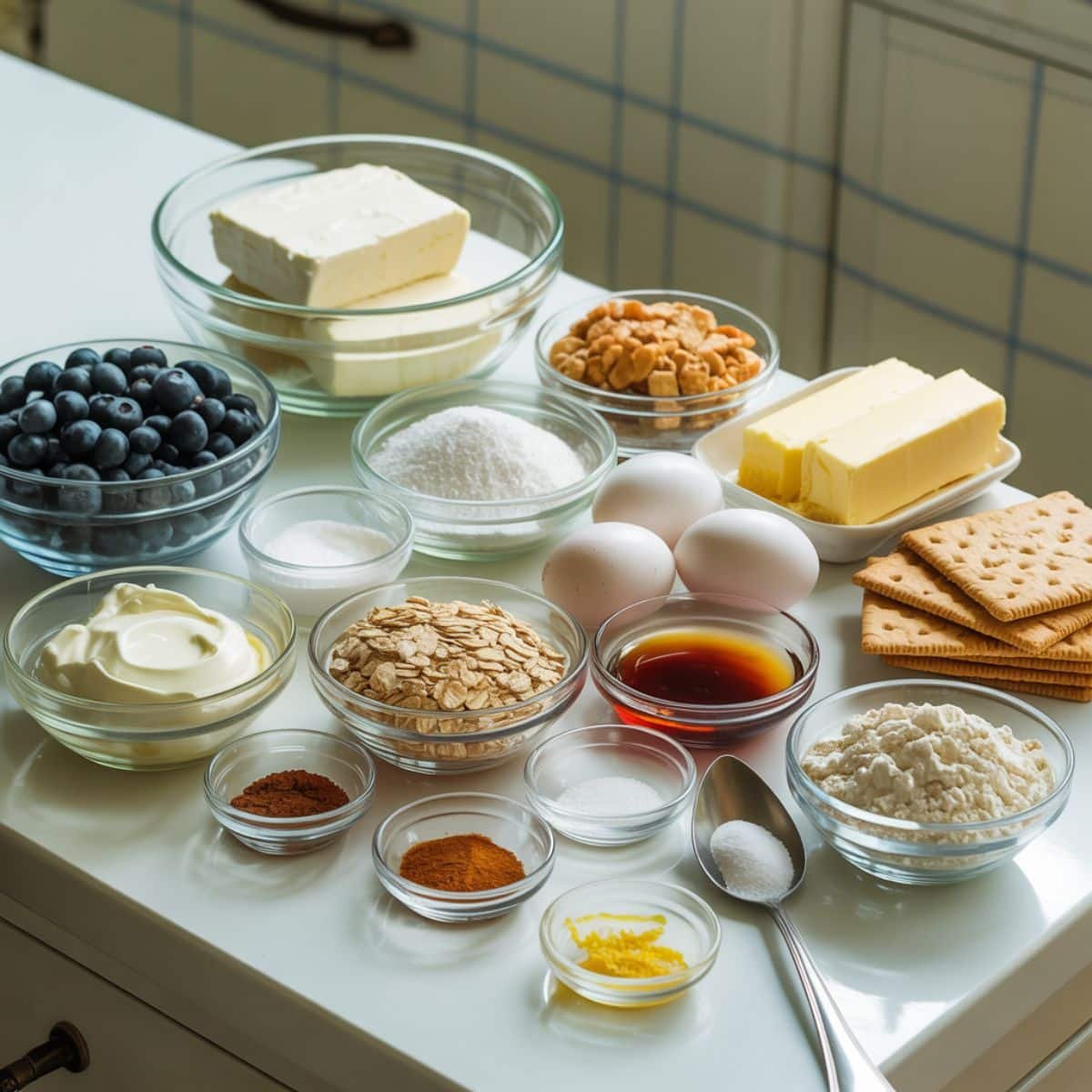 Ingredients for blueberry crumble cheesecake including blueberries, cream cheese, eggs, sugar, graham crackers, butter, and oats on a white kitchen table.