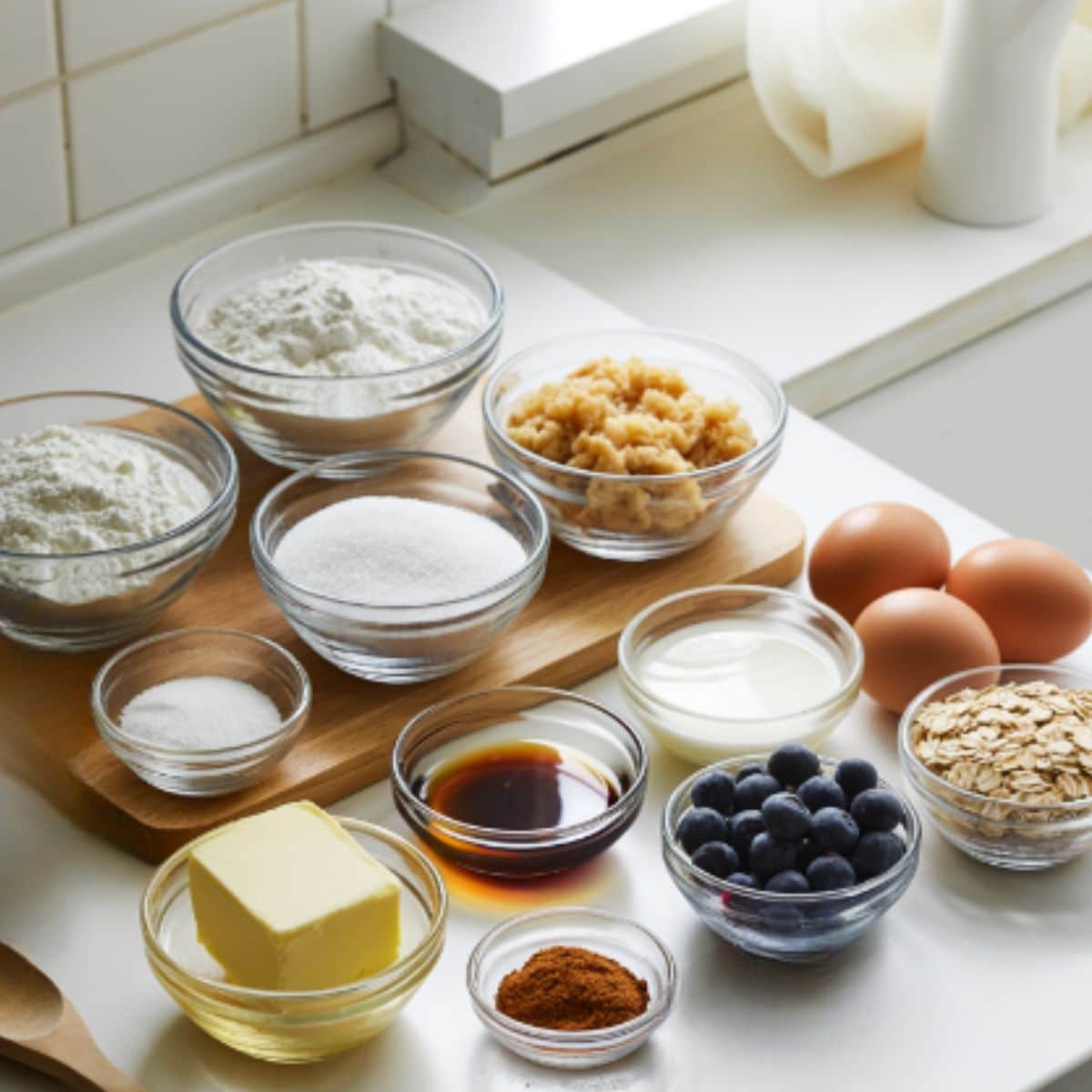Ingredients for blueberry crumble muffins including flour, sugar, butter, eggs, milk, vanilla, blueberries, oats, and cinnamon arranged on a white kitchen table.