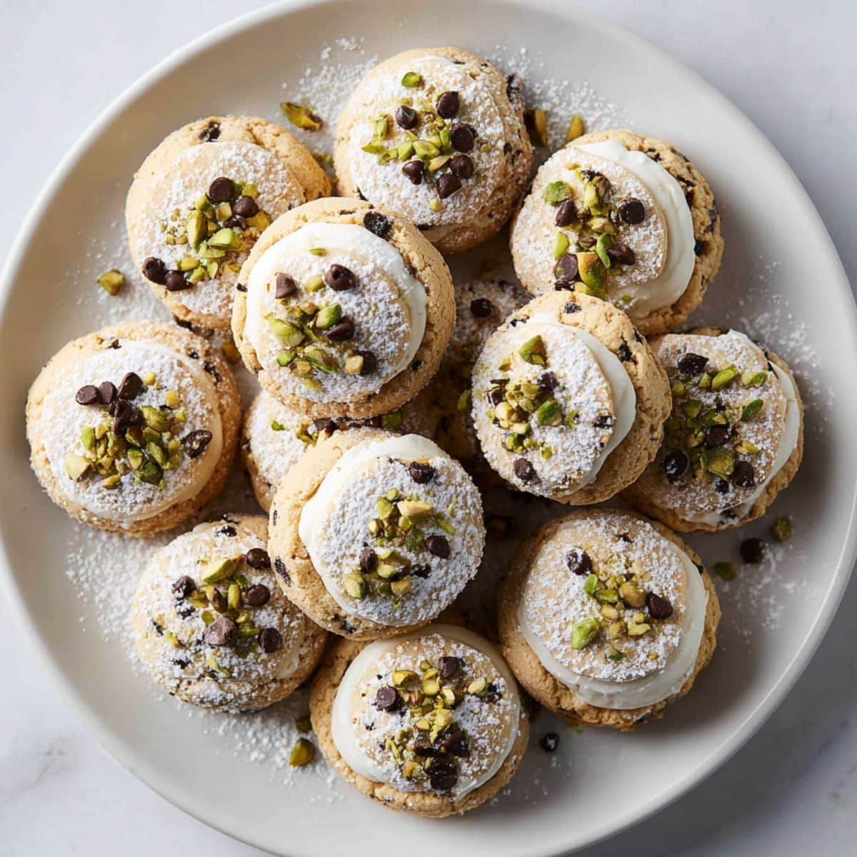 Freshly baked cannoli cookies with ricotta filling, pistachios, and powdered sugar on a white kitchen table.