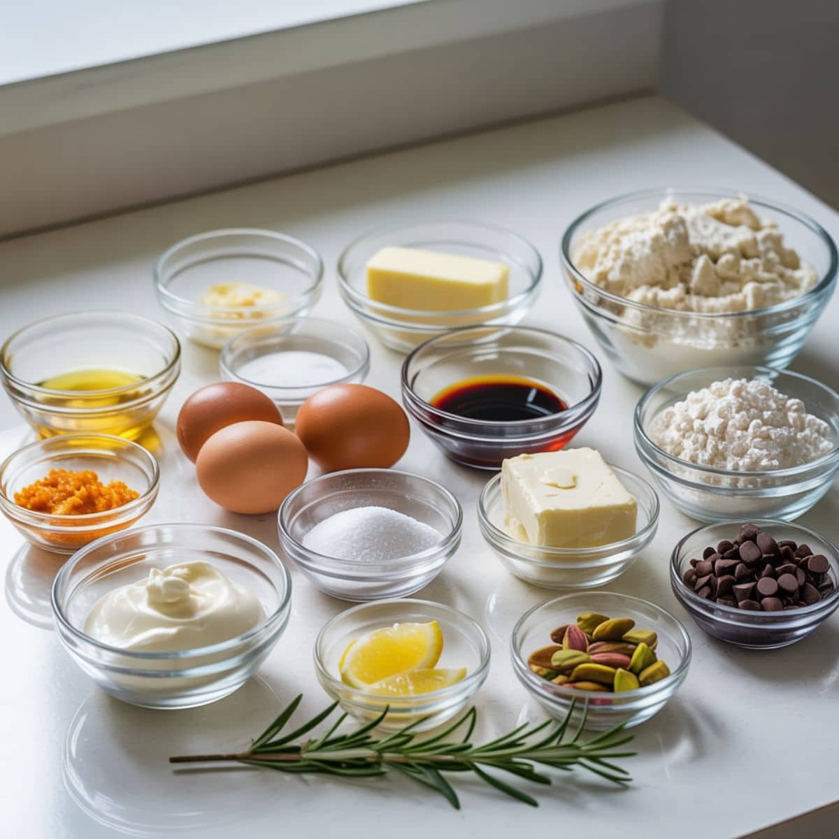 Ingredients for cannoli cookies displayed on a white kitchen table, including flour, ricotta, butter, sugar, eggs, mascarpone, and pistachios.