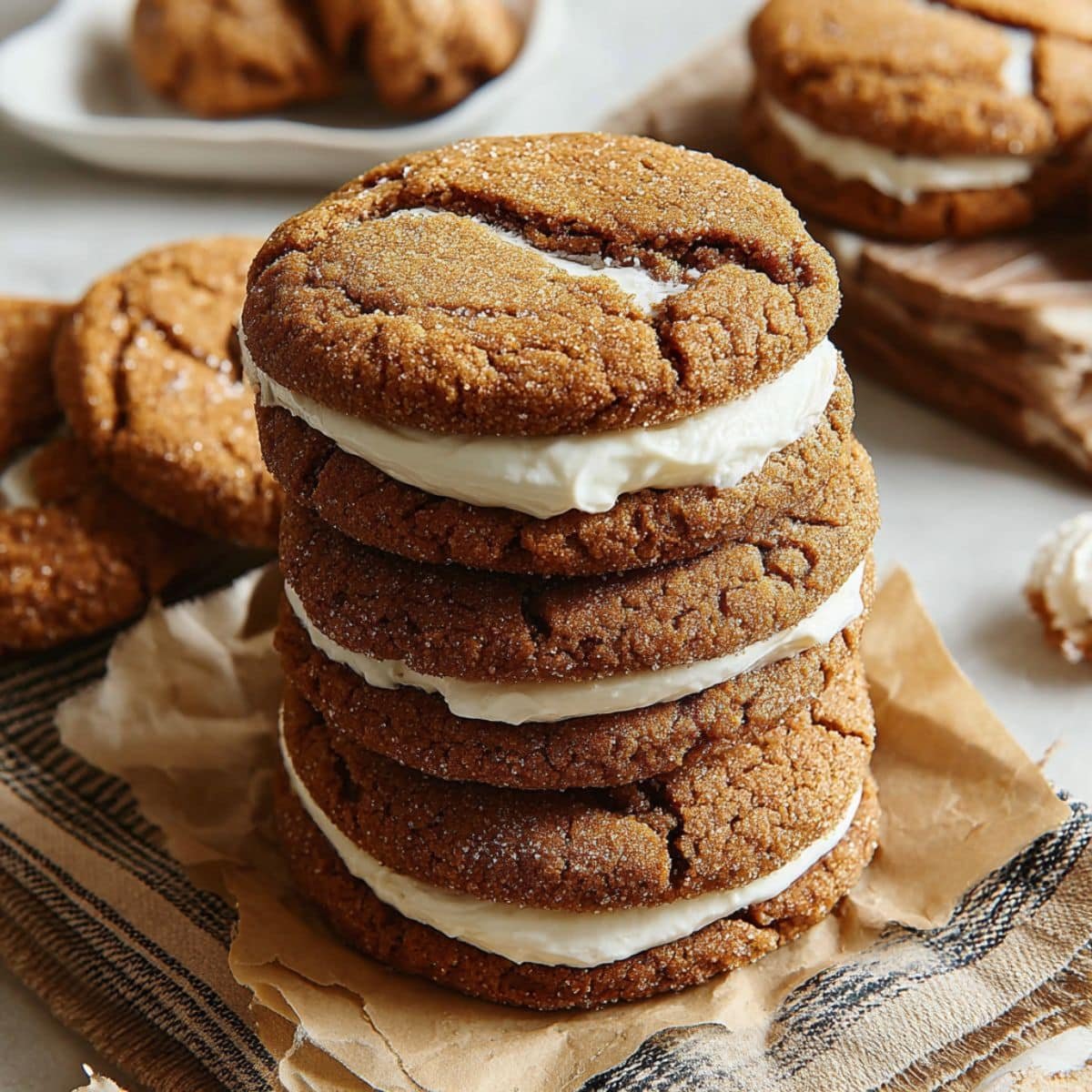 Homemade Cheesecake Gingerbread Cookies with cream cheese centers on parchment paper, shot from above on a white kitchen table.