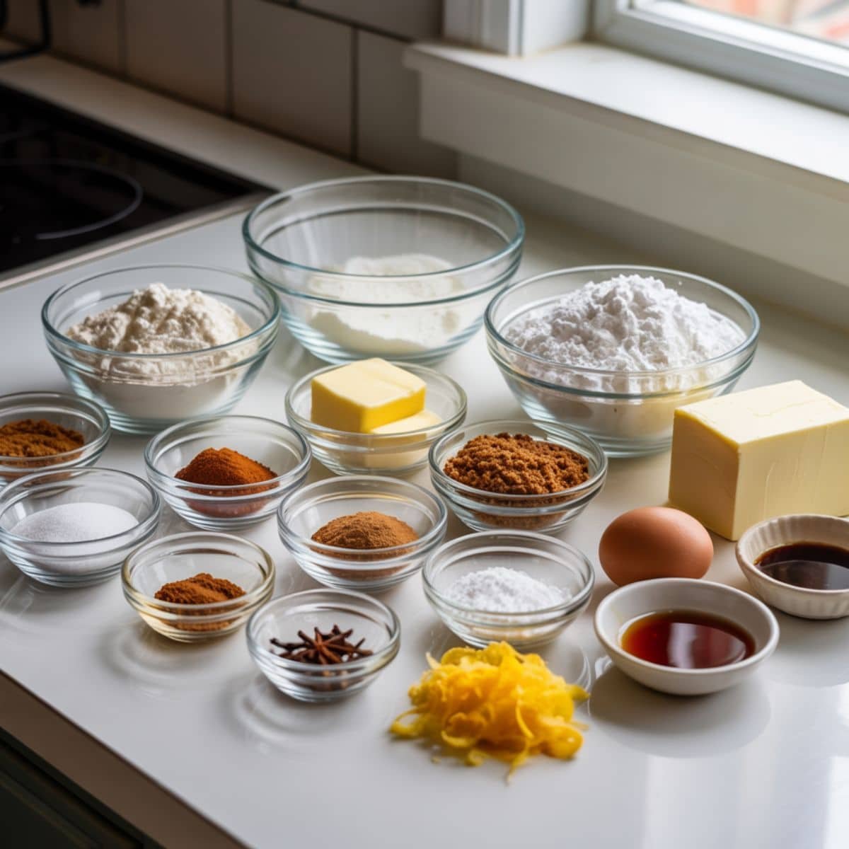 Flat lay of all ingredients for cheesecake gingerbread cookies, measured in small bowls on a white kitchen table.