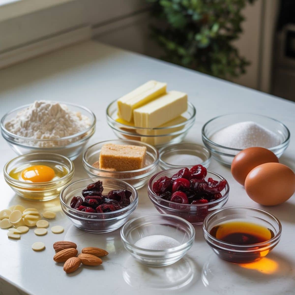 Flat lay of cherry cookies ingredients arranged casually on a white kitchen table, photographed from above.