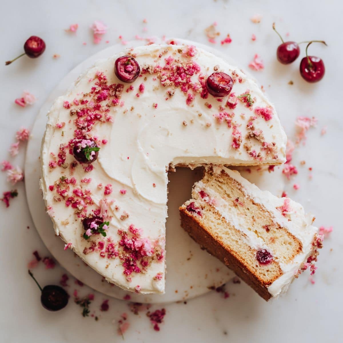 Homemade cherry chip cake with cream cheese frosting, sliced on a white kitchen table, top-down view.