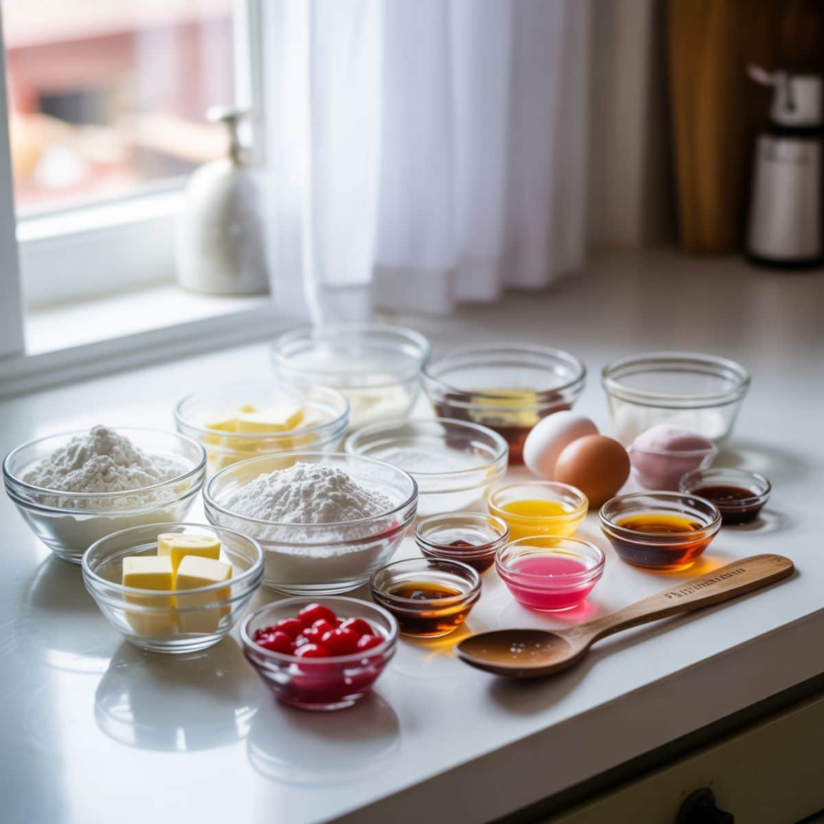 Ingredients for homemade cherry chip cake laid out on a white kitchen counter, top-down angle.