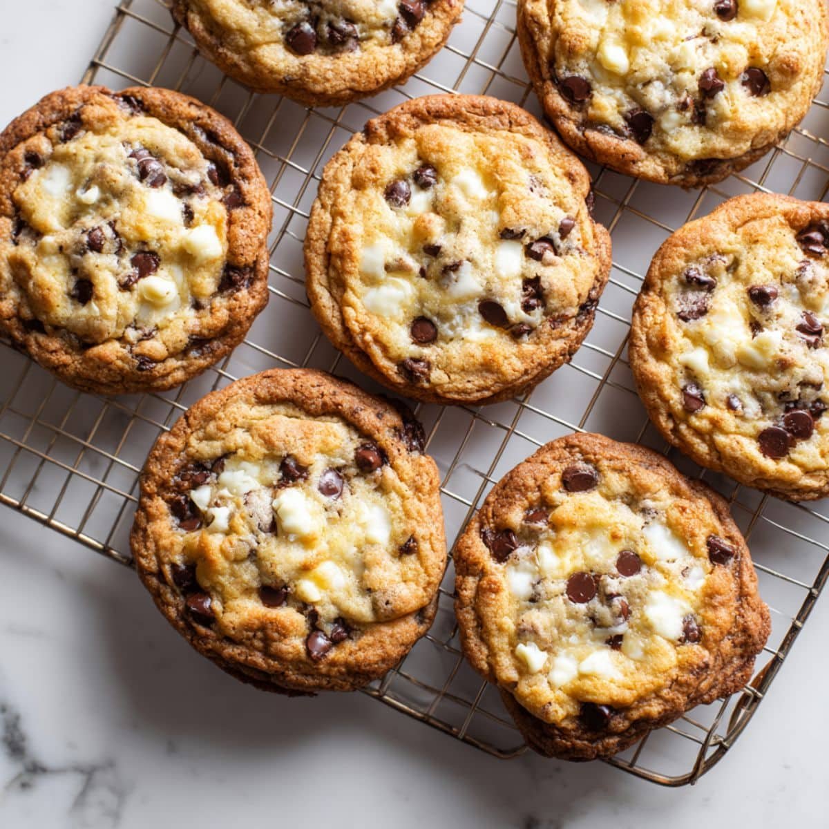 Golden brown chocolate chip cheesecake cookies with creamy filling cooling on a wire rack in a white kitchen, homemade and chewy