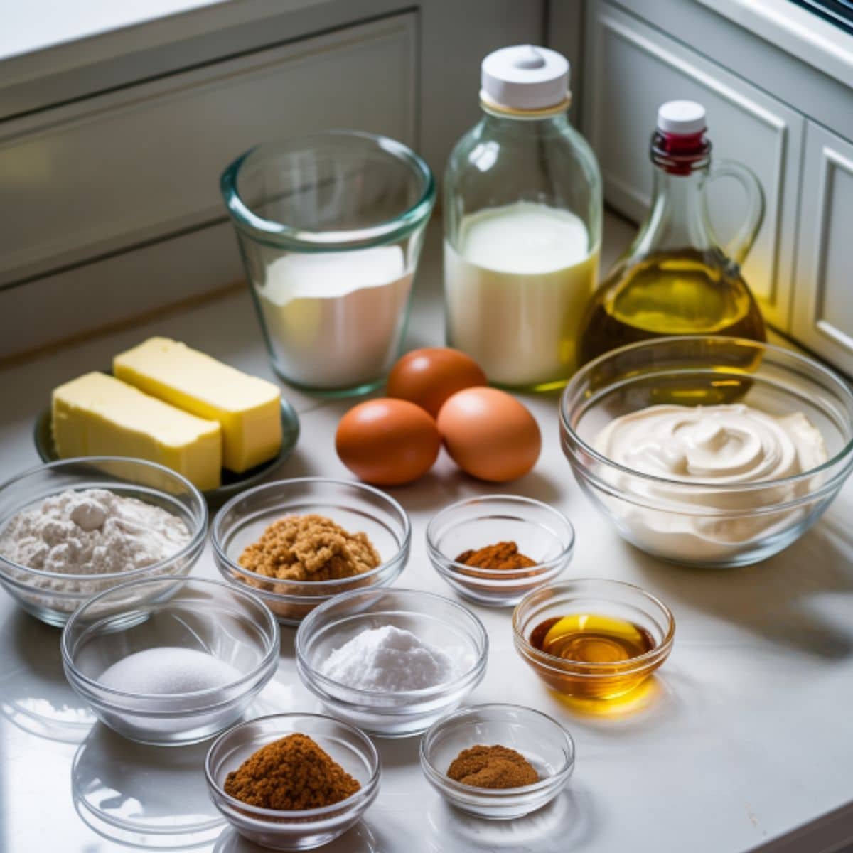 Flat lay of cinnamon muffin ingredients including flour, sugars, spices, butter, eggs, milk, vanilla, oil, sour cream, and powdered sugar on a white kitchen table.