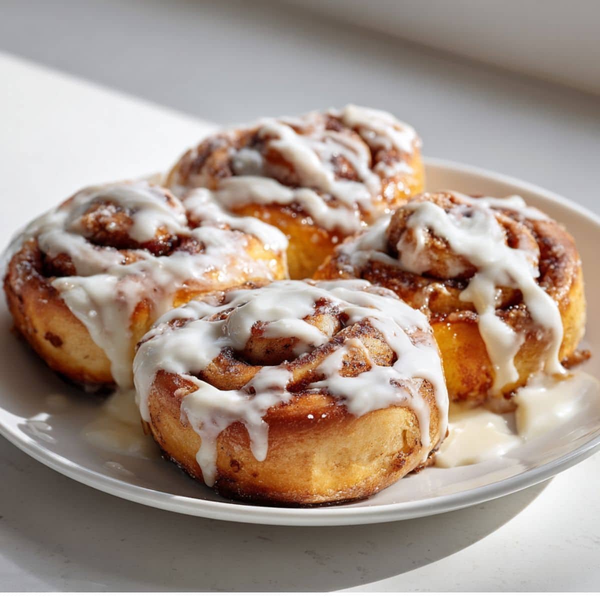 Fresh Cinnamon Roll Icing on a white kitchen table, photographed from above.