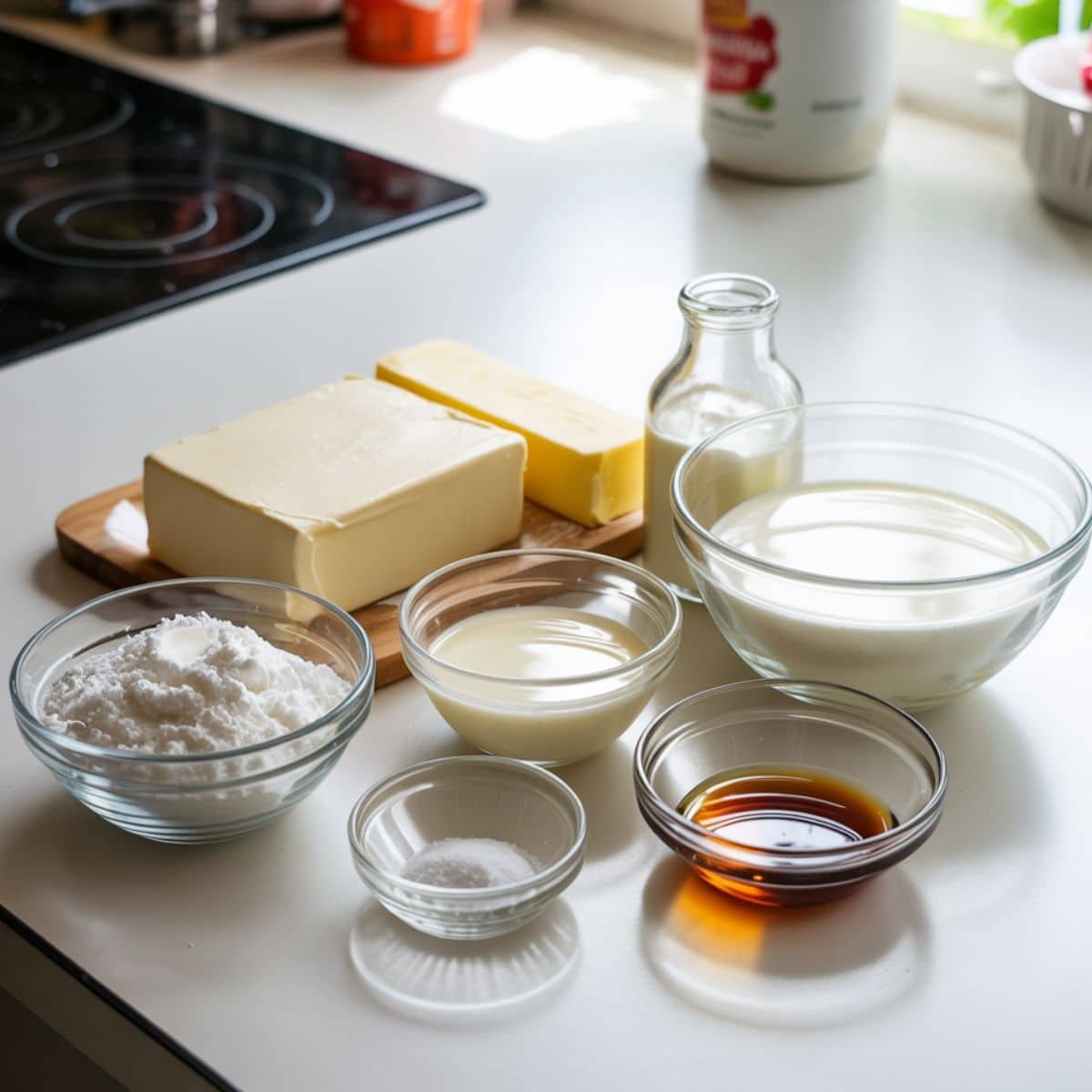 Ingredients for cinnamon roll icing laid out on a white kitchen table: cream cheese, butter, powdered sugar, milk, vanilla, and salt.