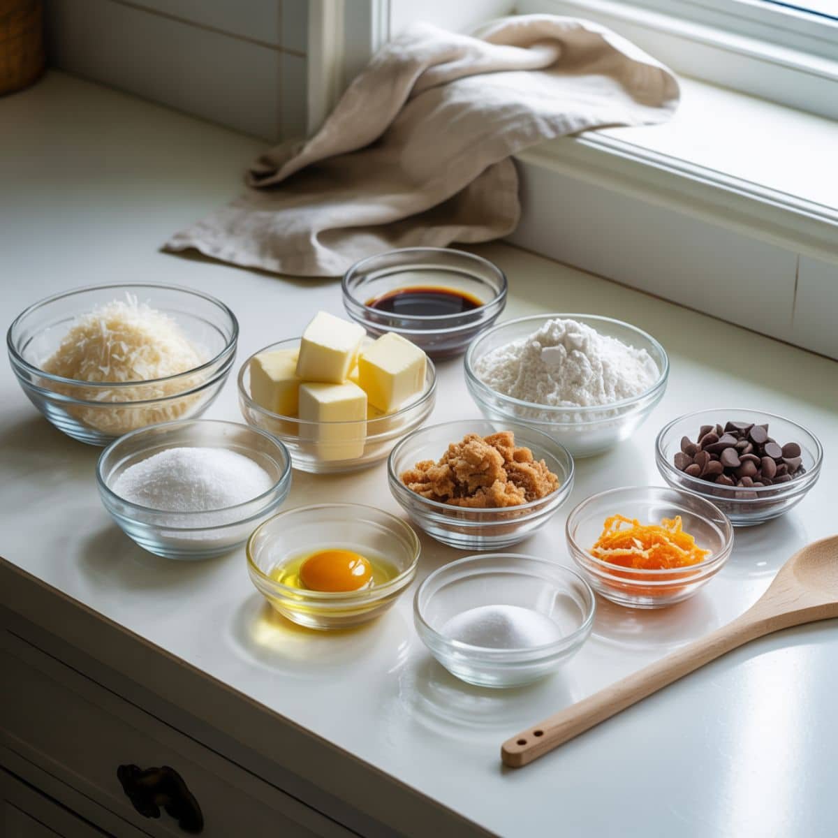 Flat lay of coconut cookie ingredients neatly arranged in order on a white kitchen counter, natural light, minimal styling