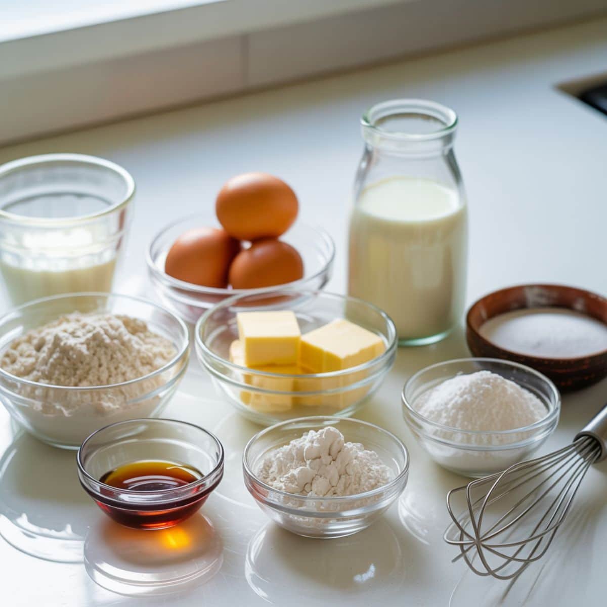 Flat lay of Condensed Milk Cake ingredients on white kitchen table, shot from above