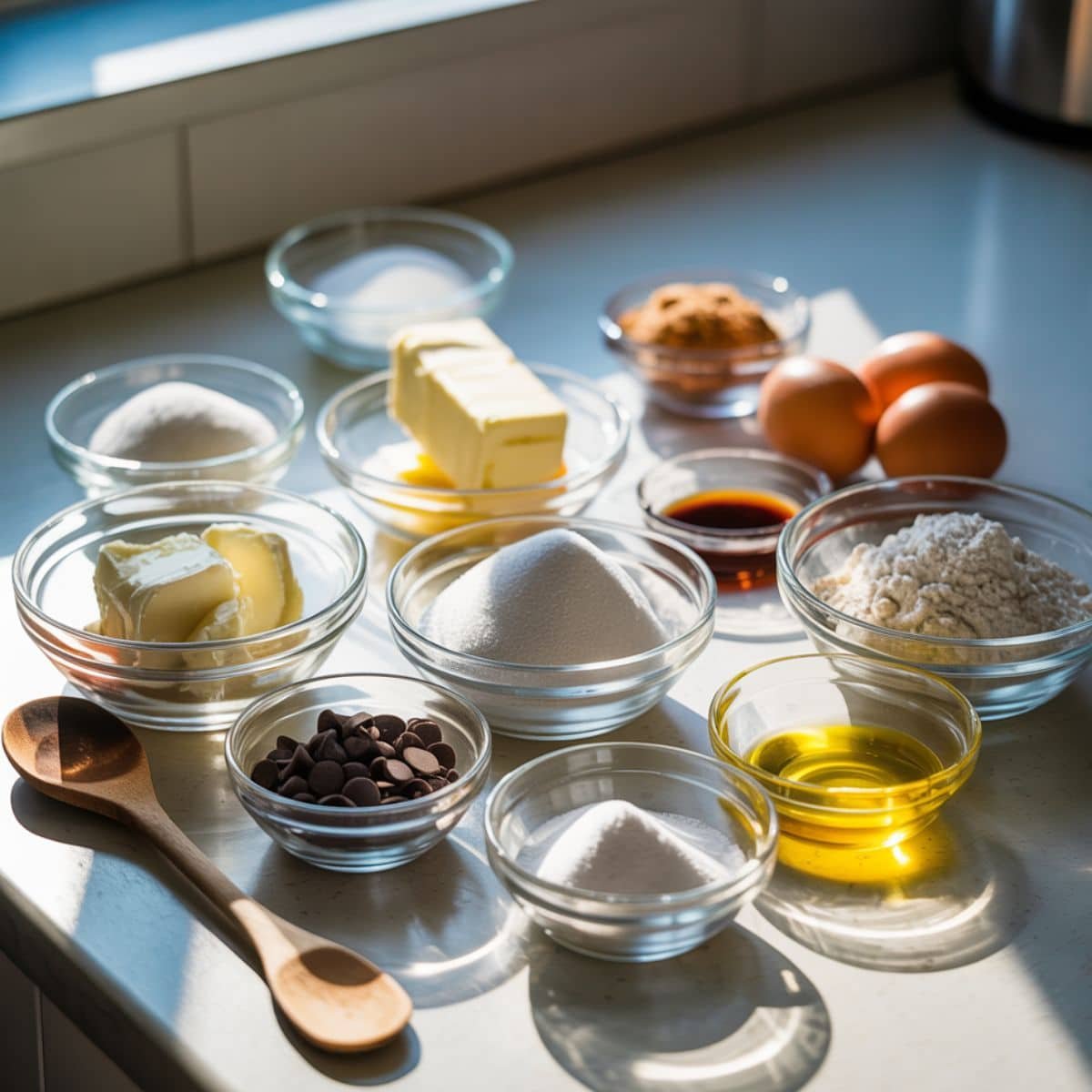 Top-down view of chocolate chip cheesecake cookie ingredients arranged in bowls and cups on a white kitchen counter, including cream cheese, butter, sugars, eggs, flour, baking soda, salt, chocolate chips, powdered sugar, and lemon juice