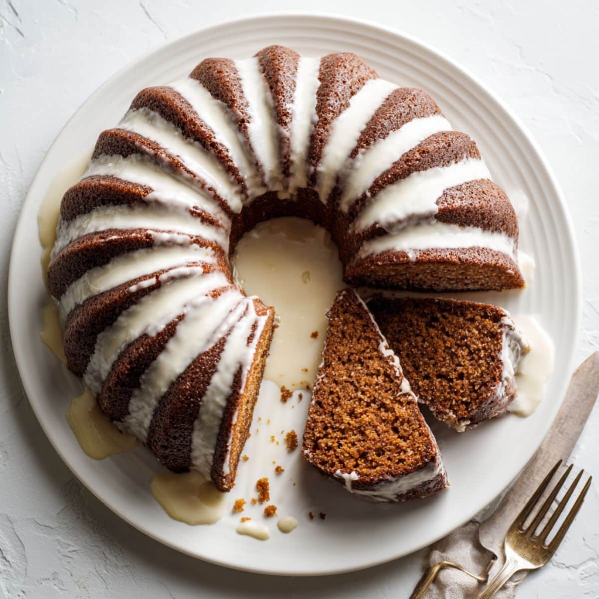 Top-down homemade gingerbread bundt cake with uneven cream-cheese glaze and one slice on a white plate, on a white kitchen table.