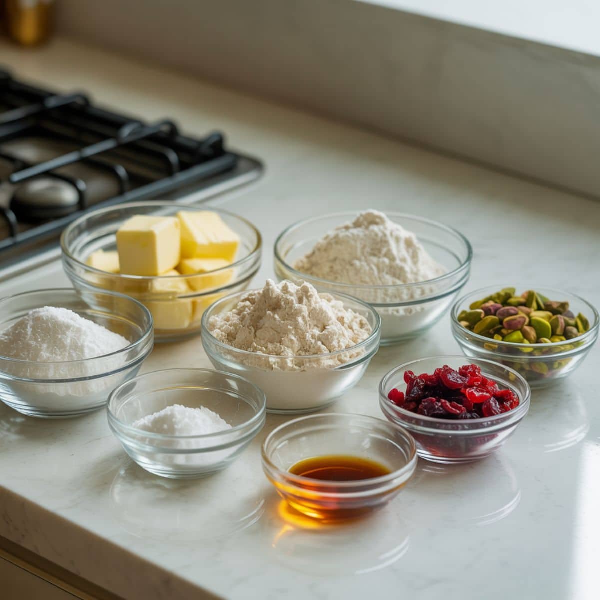 Top-down photo of ingredients for cranberry pistachio shortbread cookies—bowls of butter, flour, powdered sugar, cornstarch, salt, vanilla, dried cranberries, and pistachios—on a white kitchen table.