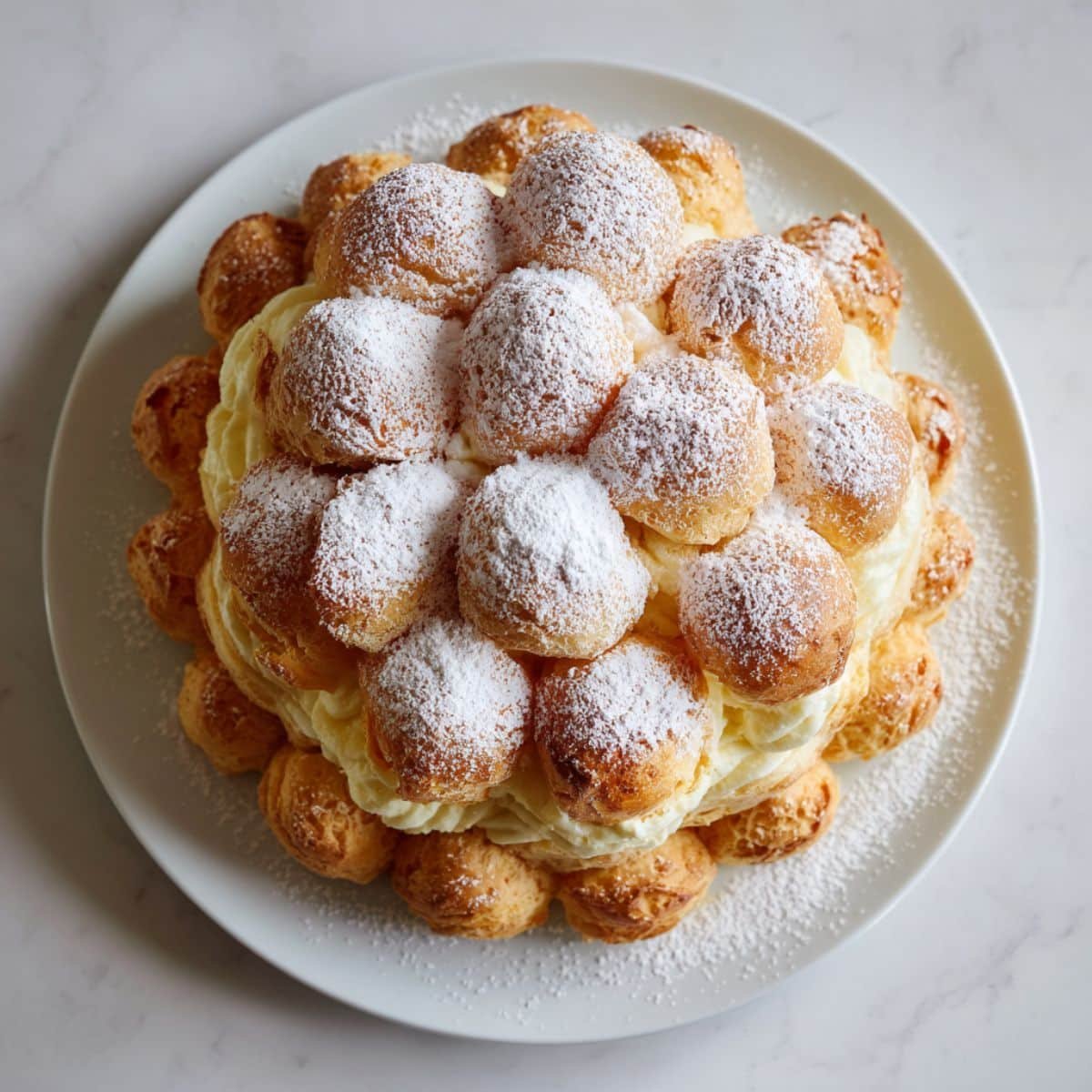 homemade Cream Puff Cake on a white kitchen table, dusted with powdered sugar