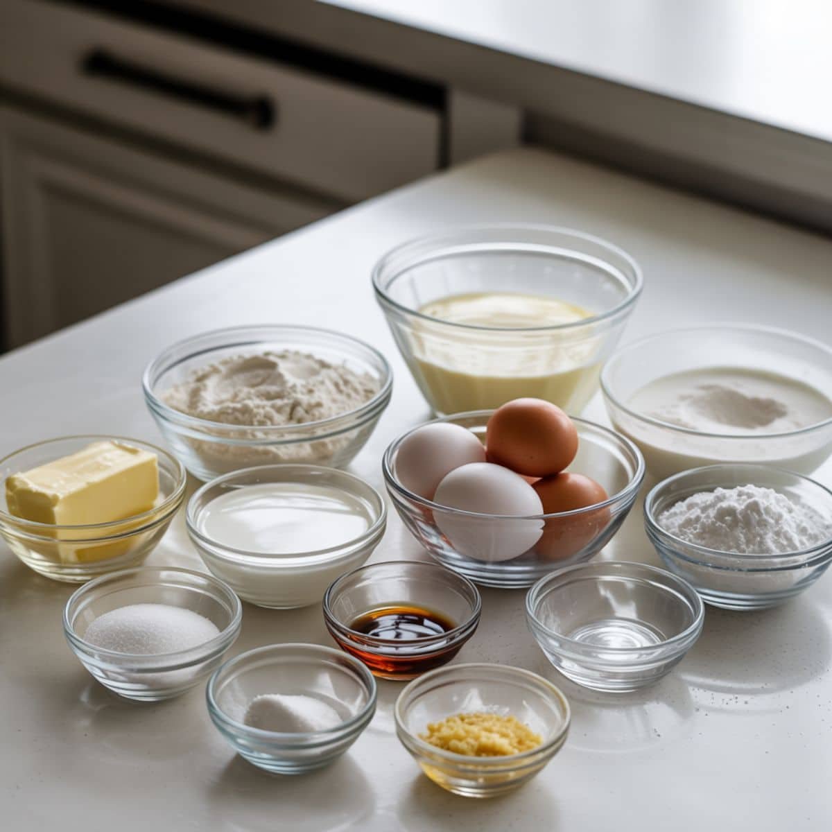 cream puff cake ingredients laid out casually on a white kitchen table
