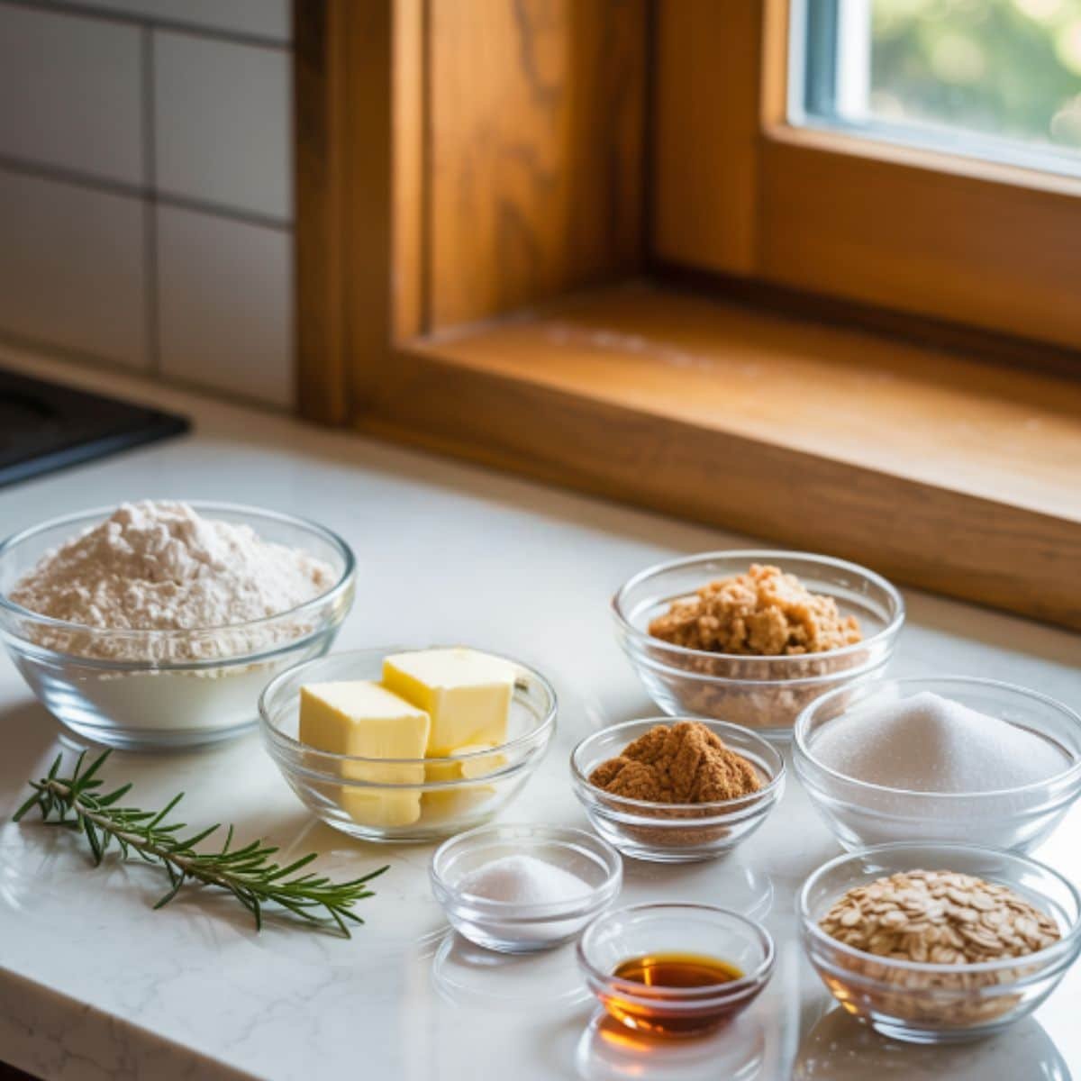 Flat lay of Dutch apple pie topping ingredients neatly arranged on a white kitchen counter in natural light