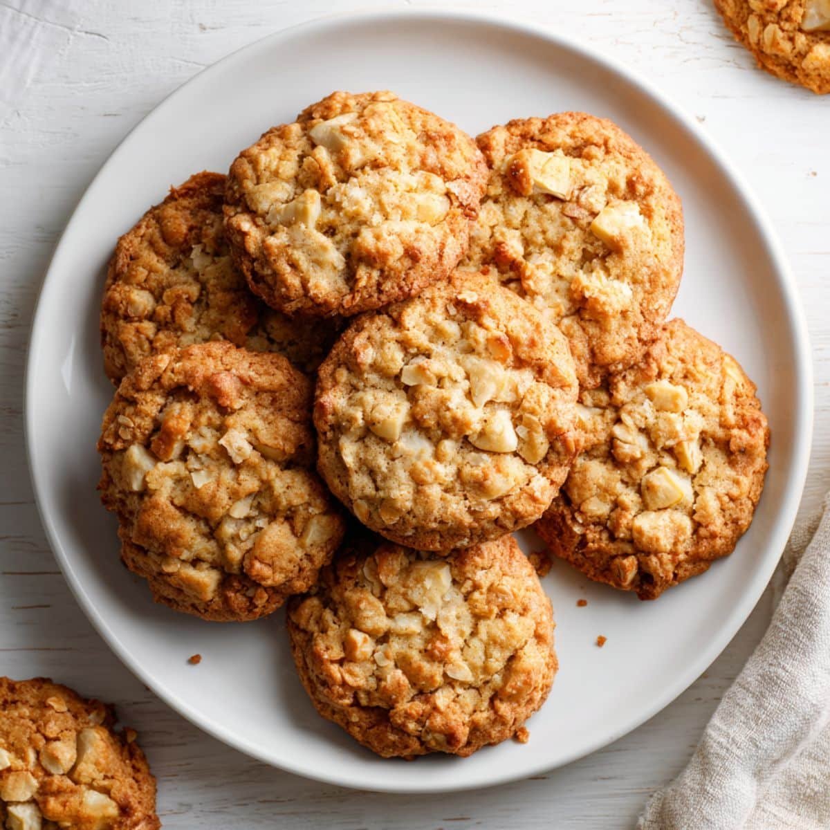 Soft and chewy homemade apple cookies cooling on a wire rack, photographed from above on a white kitchen table.
