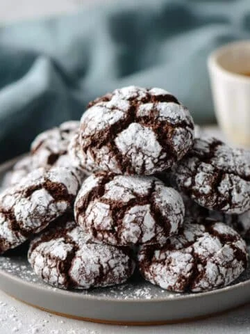 Freshly baked gluten free chocolate crinkle cookies with crackled powdered sugar tops on a white kitchen counter