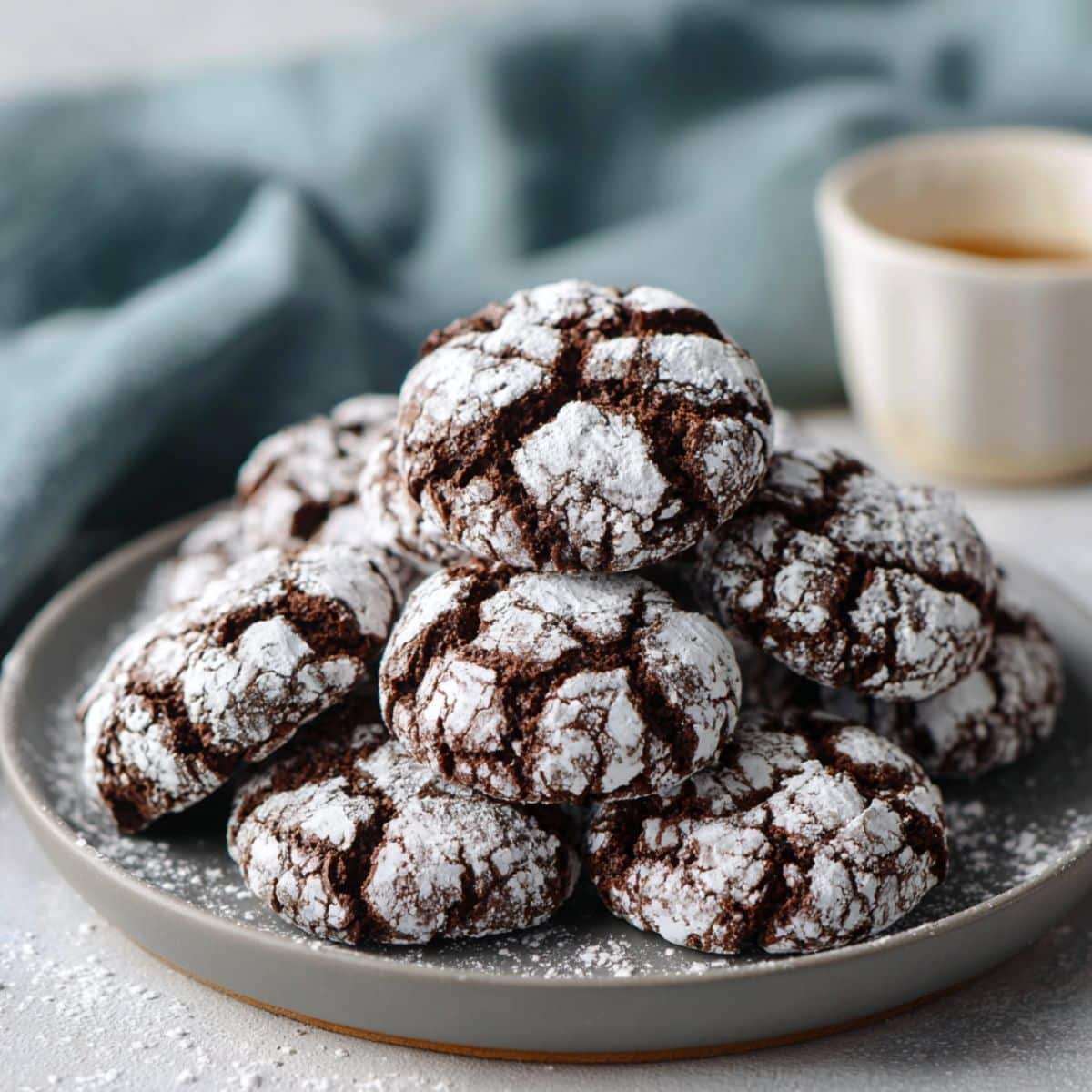 Freshly baked gluten free chocolate crinkle cookies with crackled powdered sugar tops on a white kitchen counter