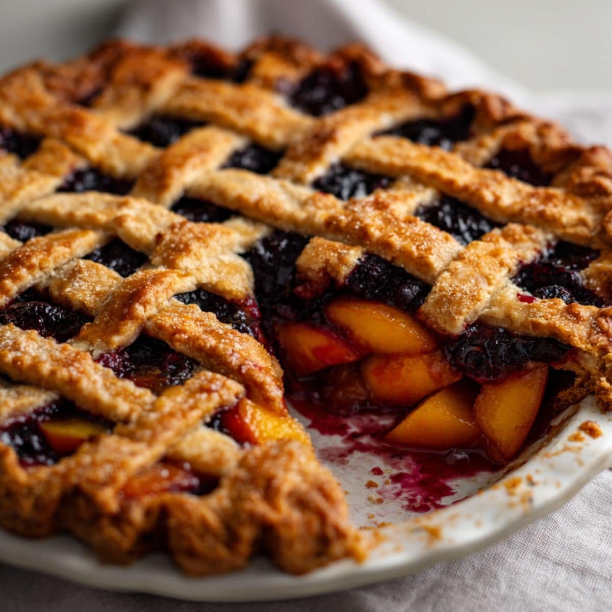 Homemade peach blueberry pie with golden lattice crust and juicy filling on a white kitchen table, top-down view.