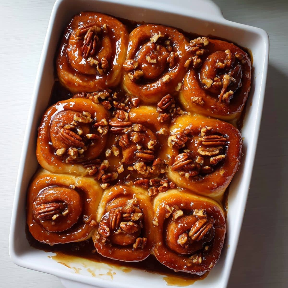 Homemade Sticky Bun Recipe with caramel and pecans, golden brown and gooey, photographed from above on a white kitchen table.