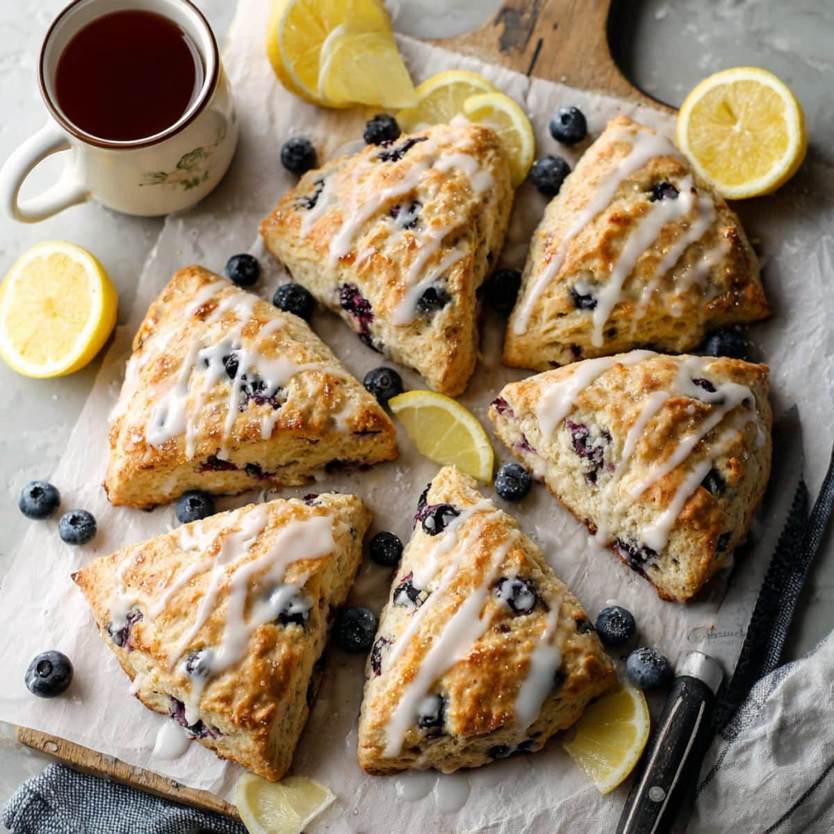 Overhead photo of eight lemon blueberry scones on parchment over a white kitchen table with a light glaze.