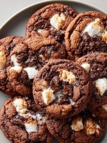 Homemade chocolate marshmallow cookies with gooey centers and crispy edges on a white kitchen table, photographed from above.