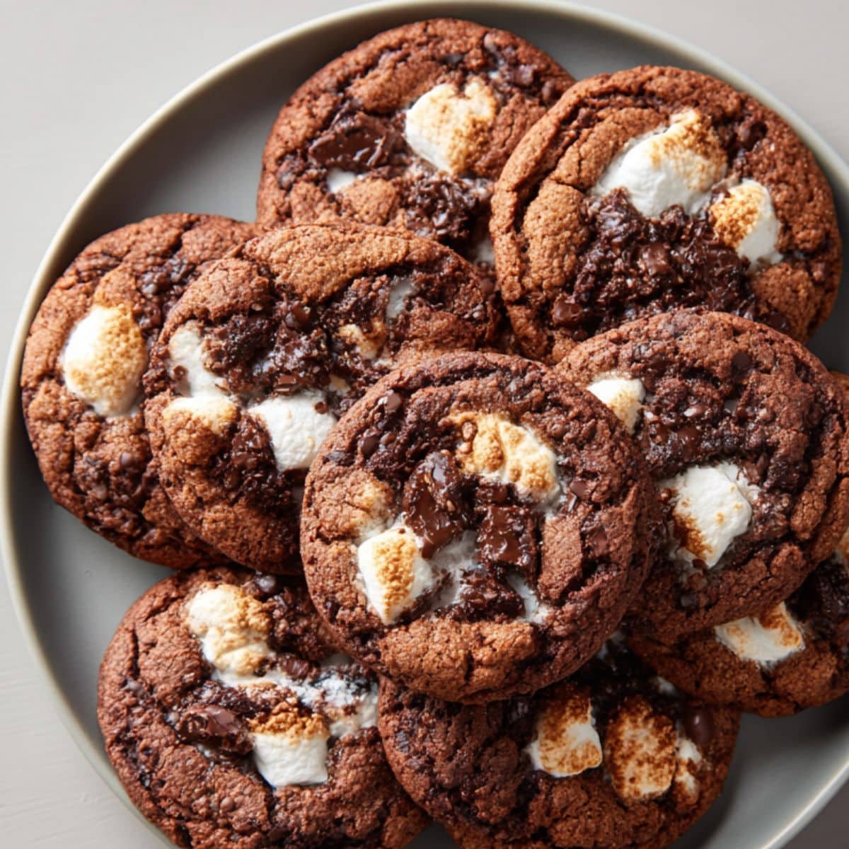 Homemade chocolate marshmallow cookies with gooey centers and crispy edges on a white kitchen table, photographed from above.