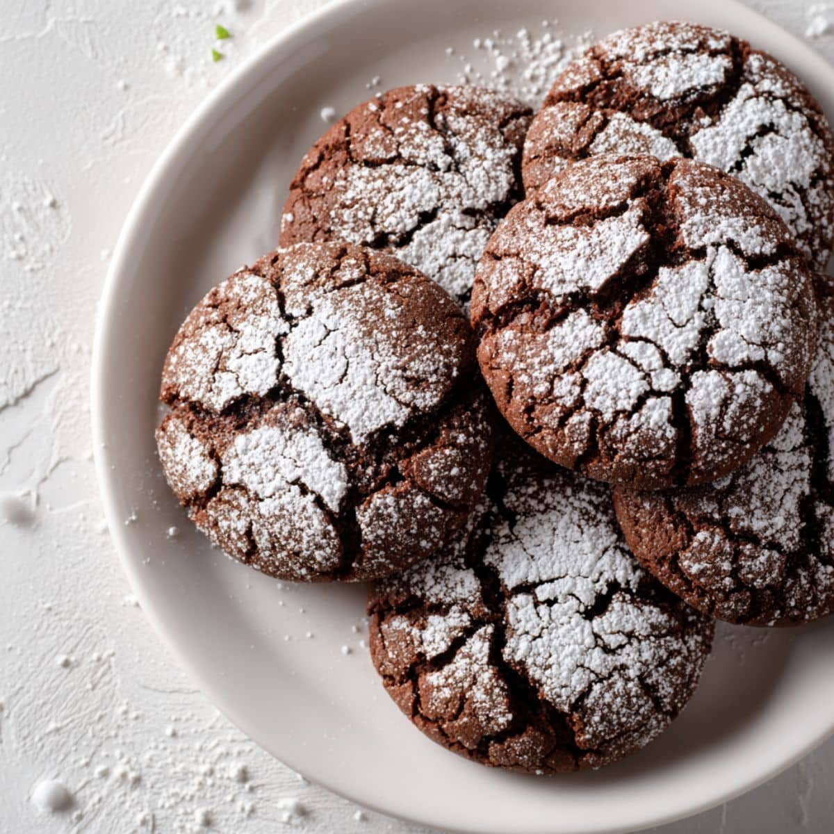 Homemade chocolate mint cookies dusted with powdered sugar on a white kitchen table