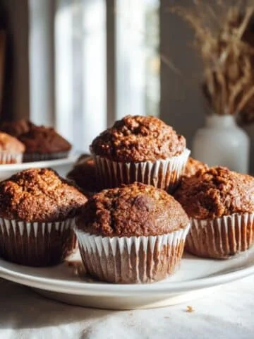 Freshly baked gingerbread muffins cooling on a white kitchen table, homemade and slightly imperfect with crumbs scattered.