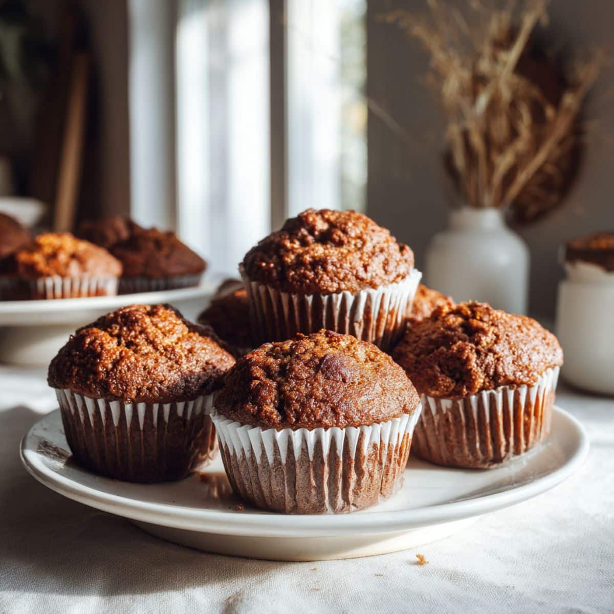 Freshly baked gingerbread muffins cooling on a white kitchen table, homemade and slightly imperfect with crumbs scattered.
