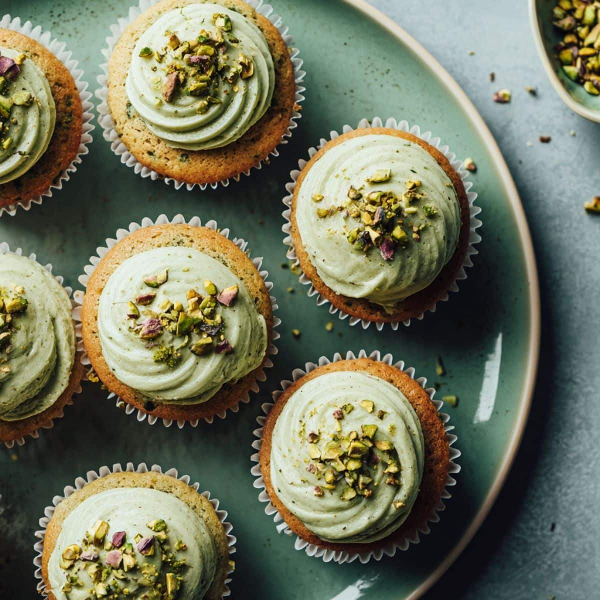 Homemade pistachio cupcakes recipe with frosting and chopped pistachio garnish