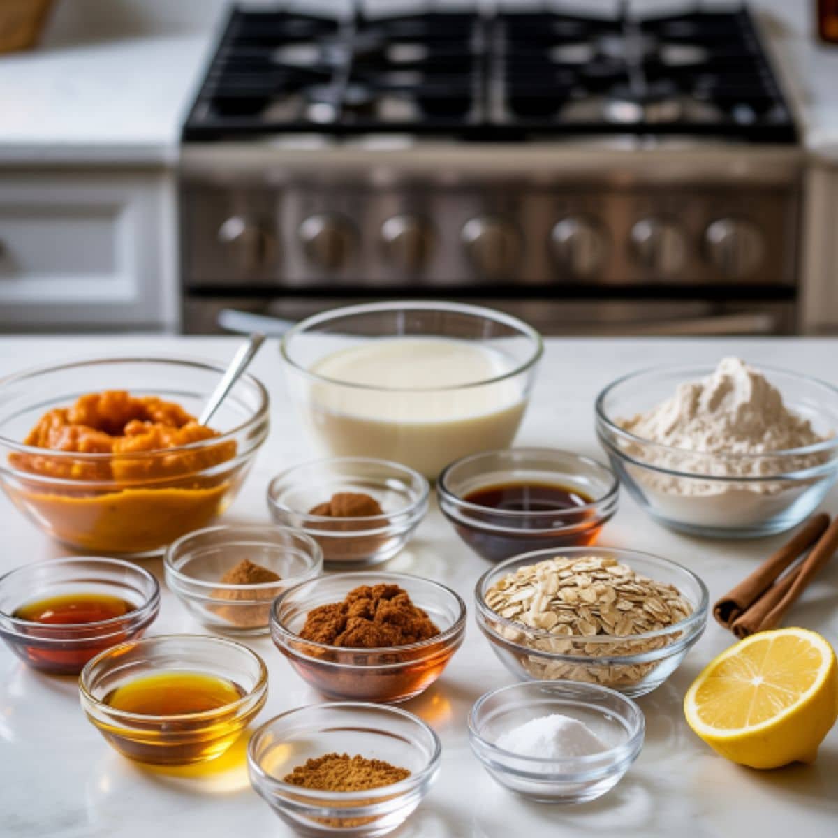 vegan pumpkin pie bar ingredients including pumpkin puree, coconut milk, maple syrup, vanilla, spices, flour, oats, coconut oil, sugar, salt, cornstarch, and lemon on a white kitchen table