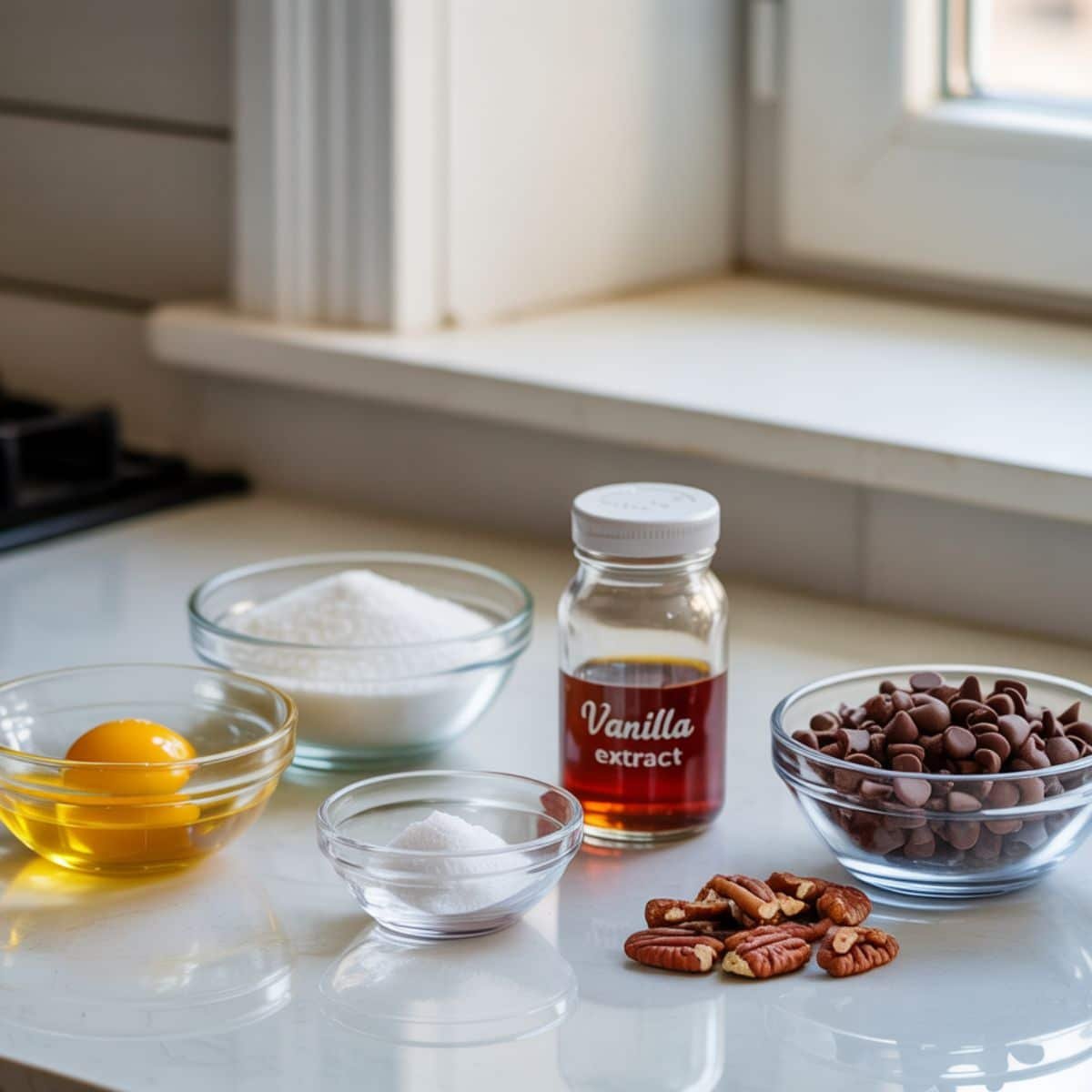 Overhead flat lay of the ingredients for forgotten cookies on a white kitchen table.