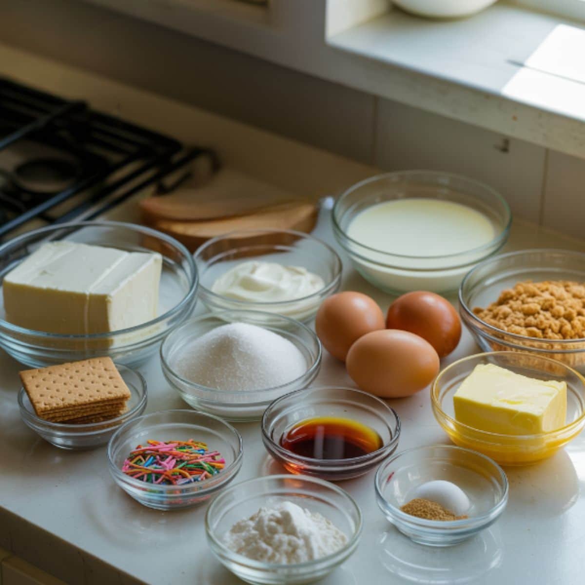 view of funfetti cheesecake ingredients including cream cheese, eggs, sugar, sour cream, sprinkles, and graham cracker crumbs on a white kitchen table.