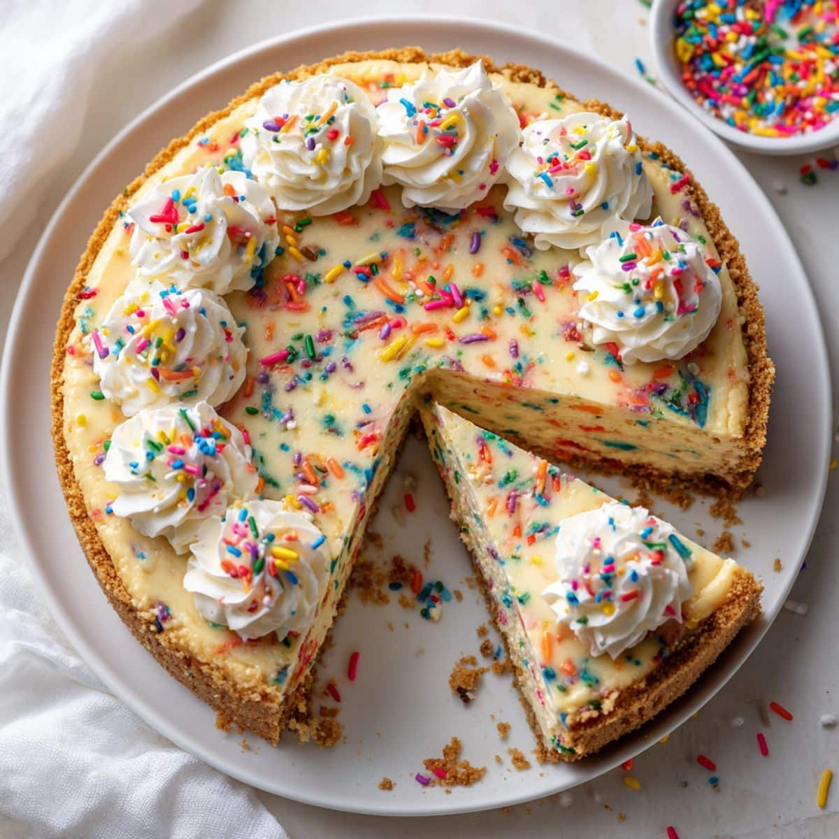 Homemade funfetti cheesecake with rainbow sprinkles and graham cracker crust on a white kitchen table, top-down shot.